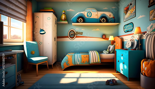 a panoramic view of a boys bedroom with car ornament, generative ai