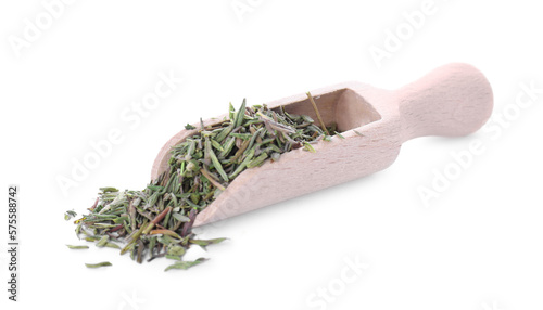Scoop of dried thyme isolated on white