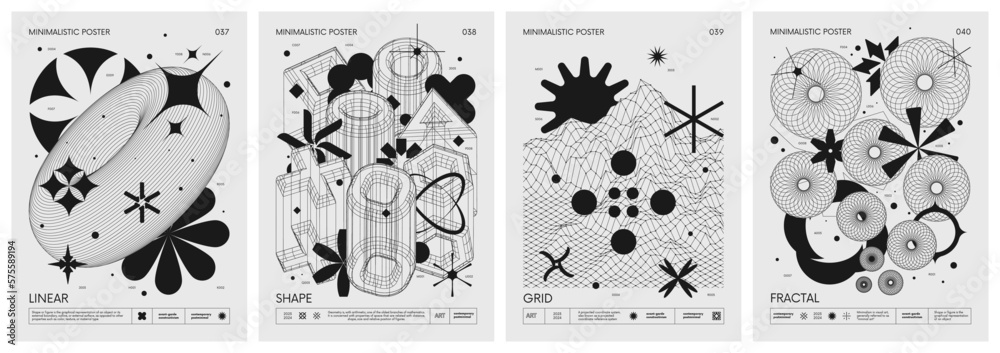 Futuristic retro vector minimalistic Posters with strange wireframes graphic assets of geometrical shapes modern design inspired by brutalism and silhouette basic figures, set 10 - obrazy, fototapety, plakaty 