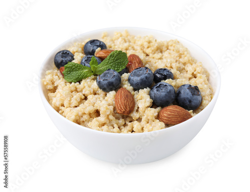 Bowl of delicious cooked quinoa with almonds and blueberries isolated on white