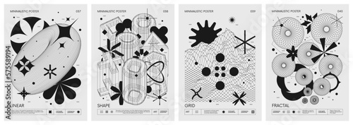 Futuristic retro vector minimalistic Posters with strange wireframes graphic assets of geometrical shapes modern design inspired by brutalism and silhouette basic figures, set 10