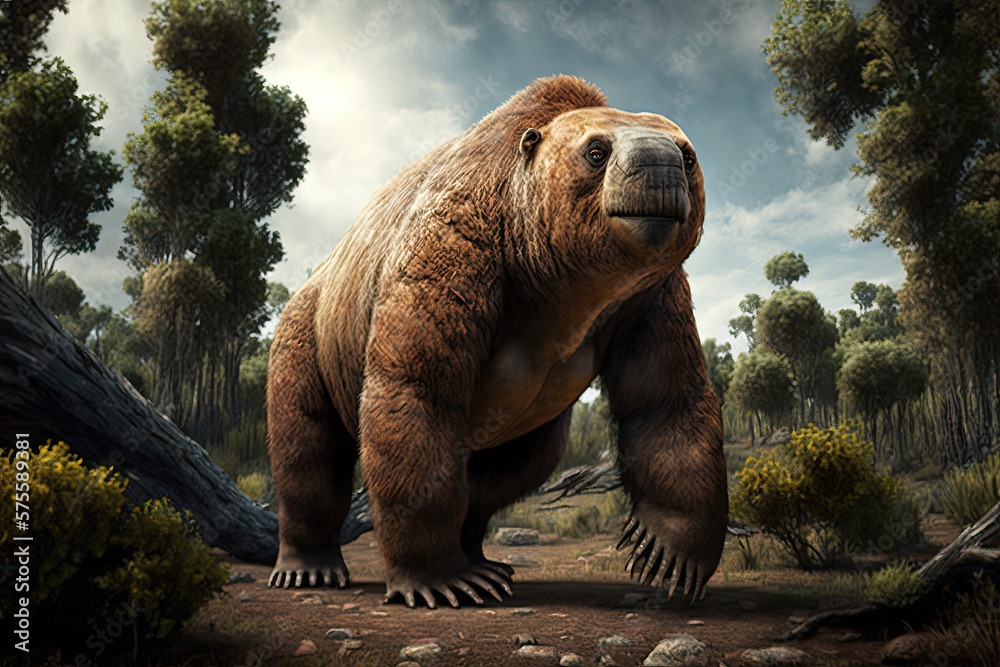 Ilustrace „Giant Ground Sloth, the Extinct Slothbear Generative AI“ ze