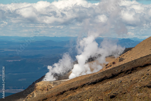 Geothermal activity steam from vulcanon at Tongariro Alpine Crossing