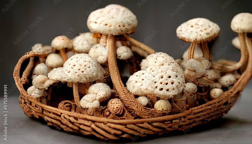 mushrooms in a wicker basket on a black background. Generative Ai mushrooms in a wicker basket on a black background. Generative Ai