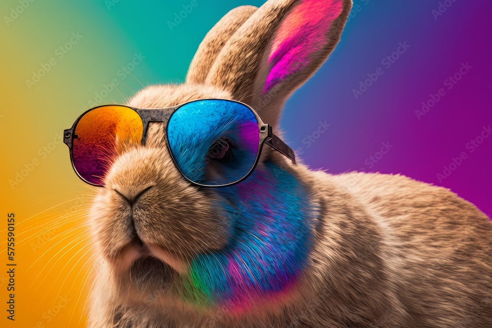 Bunny with sunglasses on colorful background. Easter Bunny concept.  Lovely action of young rabbit. Generative AI Technology