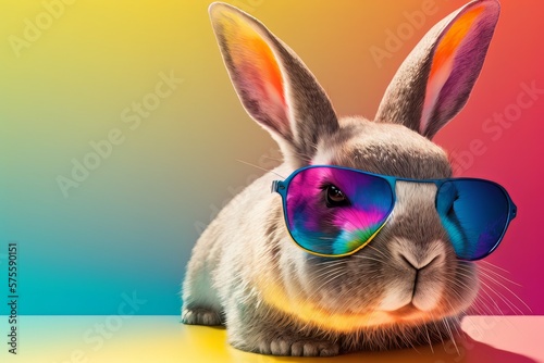 Bunny with sunglasses on colorful background. Easter Bunny concept. Lovely action of young rabbit. Generative AI Technology