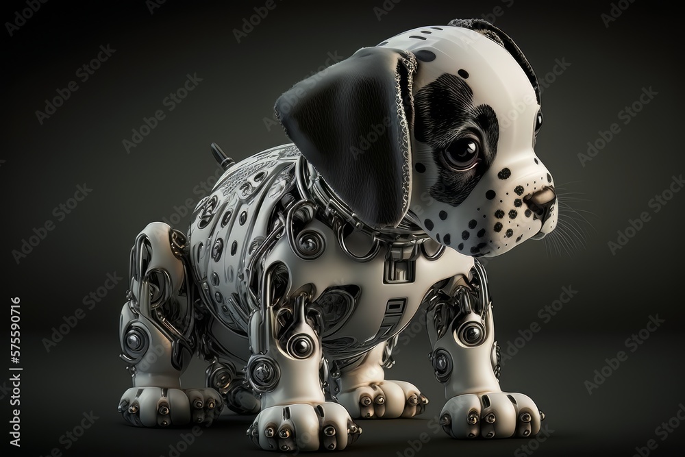 Cute robotic puppy isolated on large empty dark background. Futuristic