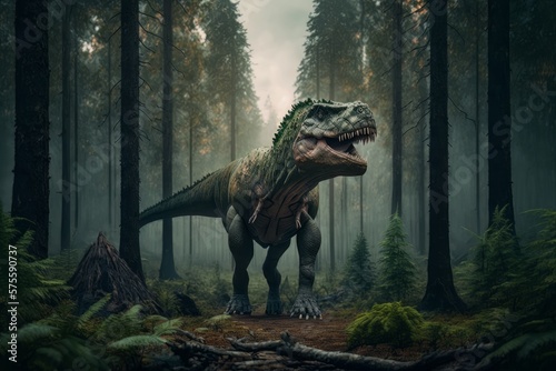 A dinosaur, Tyrannosaurus Rex in a forest, park. Generative AI Technology © Luisa