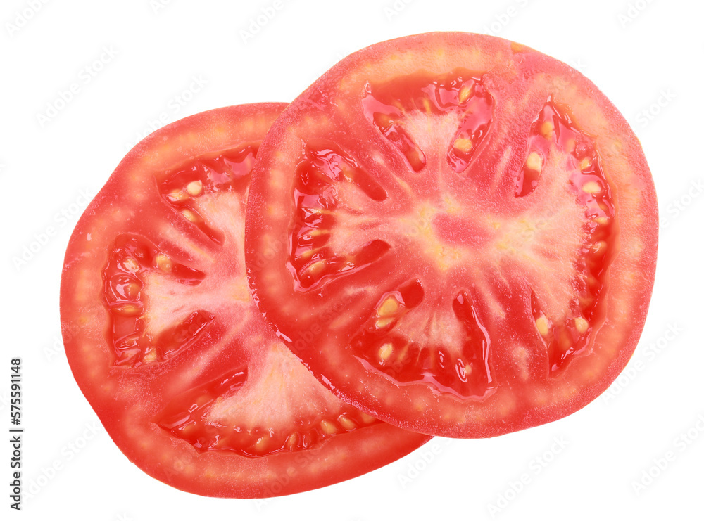Slices of tomato for burger isolated on white, top view Slices of tomato for burger isolated on white, top view