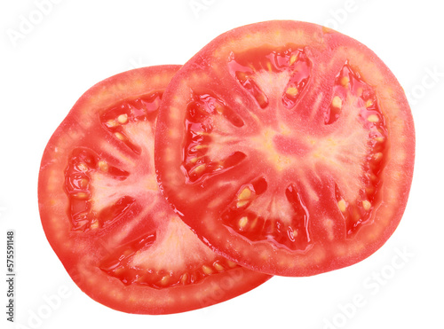 Slices of tomato for burger isolated on white, top view