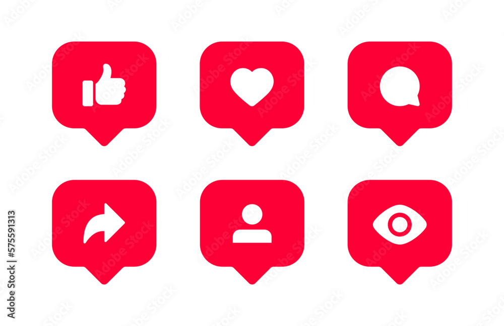 social media notification icons in speech bubble ; thumbs up icon, like, love, comment, share, follower icon signs - like chat bubbles social network post reactions collection set. vector illustration - obrazy, fototapety, plakaty 