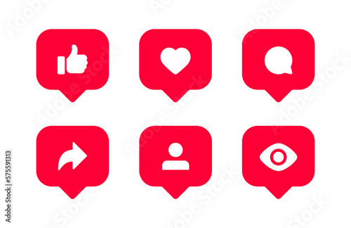 Fényképezés social media notification icons in speech bubble ; thumbs up icon, like, love, comment, share, follower icon signs - like chat bubbles social network post reactions collection set
