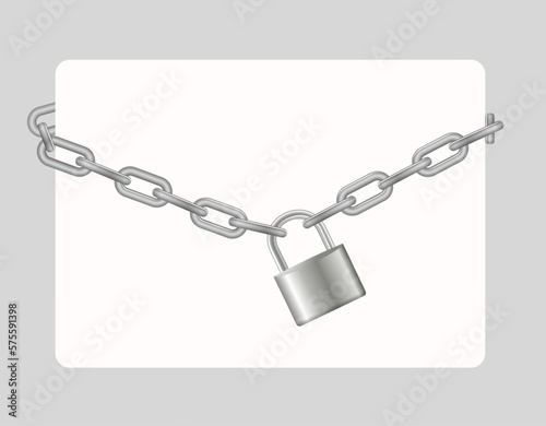 Padlock and chain. Gray metal chain and padlock, handcuffed card, vector