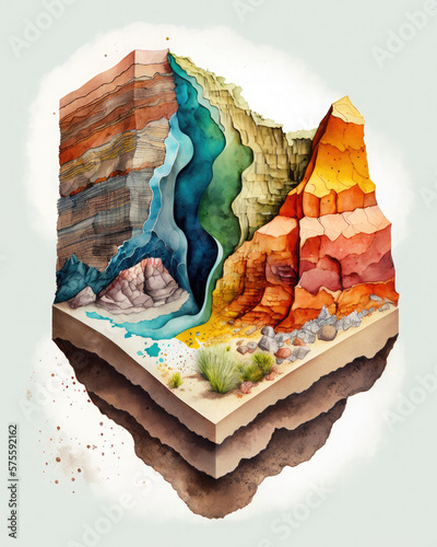 Rock stratification inside a mountain peak. Geology themed illustration in watercolor style. Generative AI