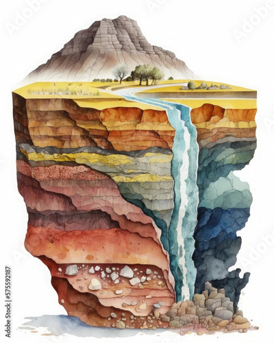Cross section of sedimentary rocks bedding inside a mountain. Geology watercolor illustration. Generative AI photo