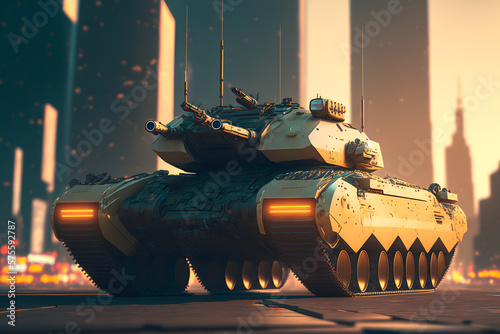 Modern futuristic battle tank with turret and cannon in city center. Neural network AI generated art photo