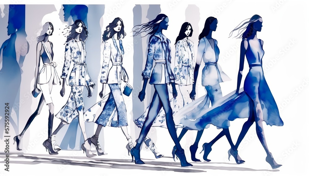 female fashion show, blue, models on a catwalk in a row, watercolor illustration