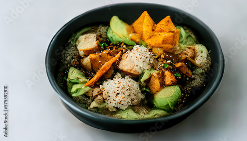 Vegan bowl quinoa avocado pumpkin with beans and corn in a black bowl. Generative Ai