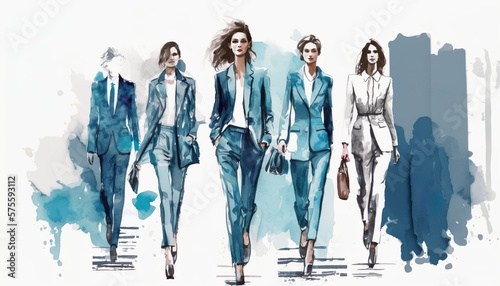 Group of business women walking in a row, watercolor illustration
