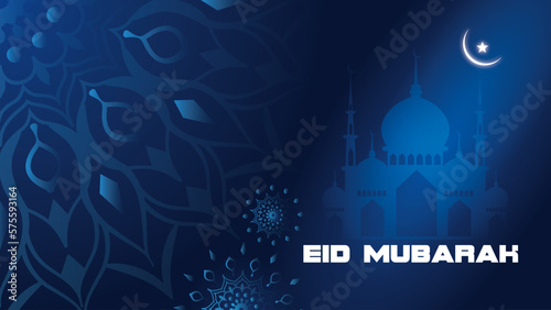 A blue background with a mosque and the ward Eid Mubarak, eid mubarak greeting card, Eid Mubarak background, Eid Mubarak template, islamic design, Muslim culture  photo