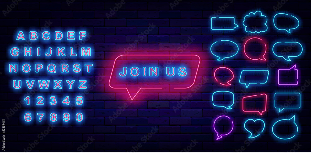 Join us neon emblem. Welcome to our team. Job searching design. Recruitment banner. Vector illustration Join us neon emblem. Welcome to our team. Job searching design. Recruitment banner. Vector illustration