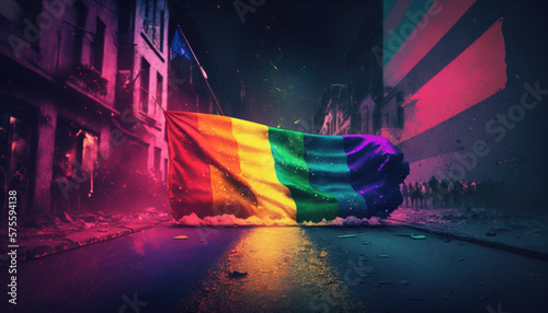 LGBT flag in centre of dramatic street generative ai