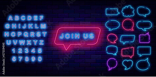 Join us neon emblem. Welcome to our team. Job searching design. Recruitment banner. Vector illustration