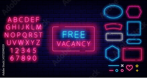 Free vacancy neon emblem. Welcome to our team. Job searching design. Vector stock illustration