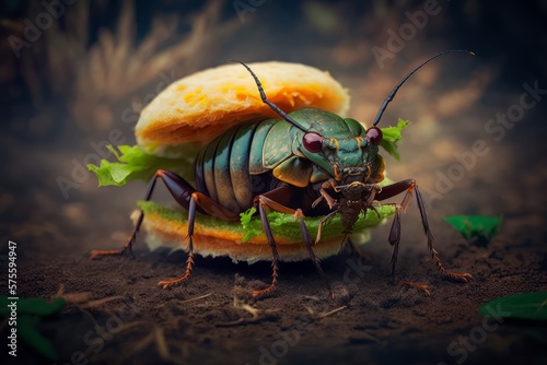 Cricket insect in burger bun, with vegetables. Source for high protein, entomophagy food concept. Generative AI Technology