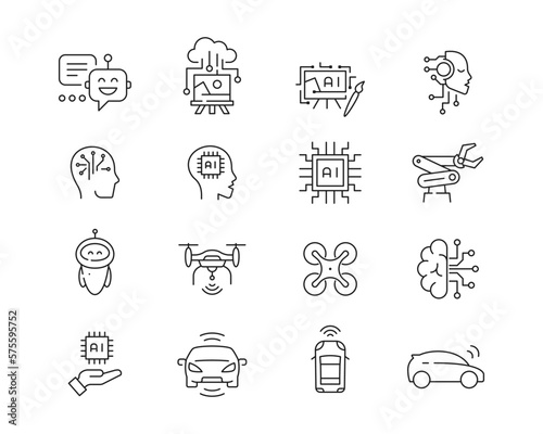 Artificial Intelligence set of 16 editable stroke icons. Perfect for logos, stats and infographics. Change the thickness of the line in Adobe Illustrator (or any vector capable app).