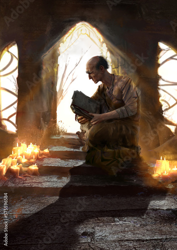 A blind old man holds in his hands a sacred book surrounded by burning candles. he is a sage in a robe. the windows of the temple shine with white light, sparks and sunbeams fly in the air. 2d art