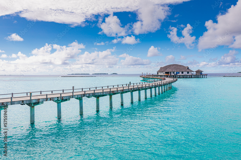 Best tranquil Maldives island, luxury over water villas resort aerial view. Beautiful sunny sky. Sea bay lagoon beach background. Summer vacation holiday. Paradise shore exotic landscape pristine blue