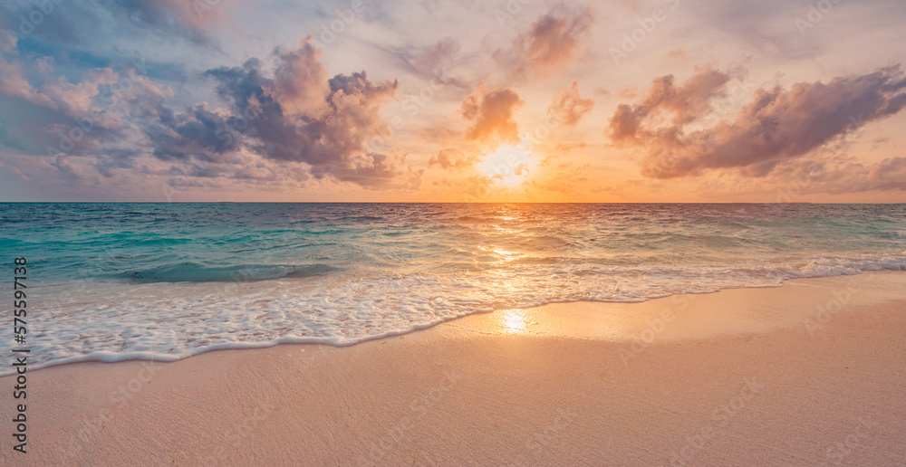 Closeup sea sand beach. Beautiful beach landscape. Inspire tropical beach seascape horizon. Dreamy sunset sky calm tranquil relax sunrise summer mood. Positive energy meditation summer tropical island