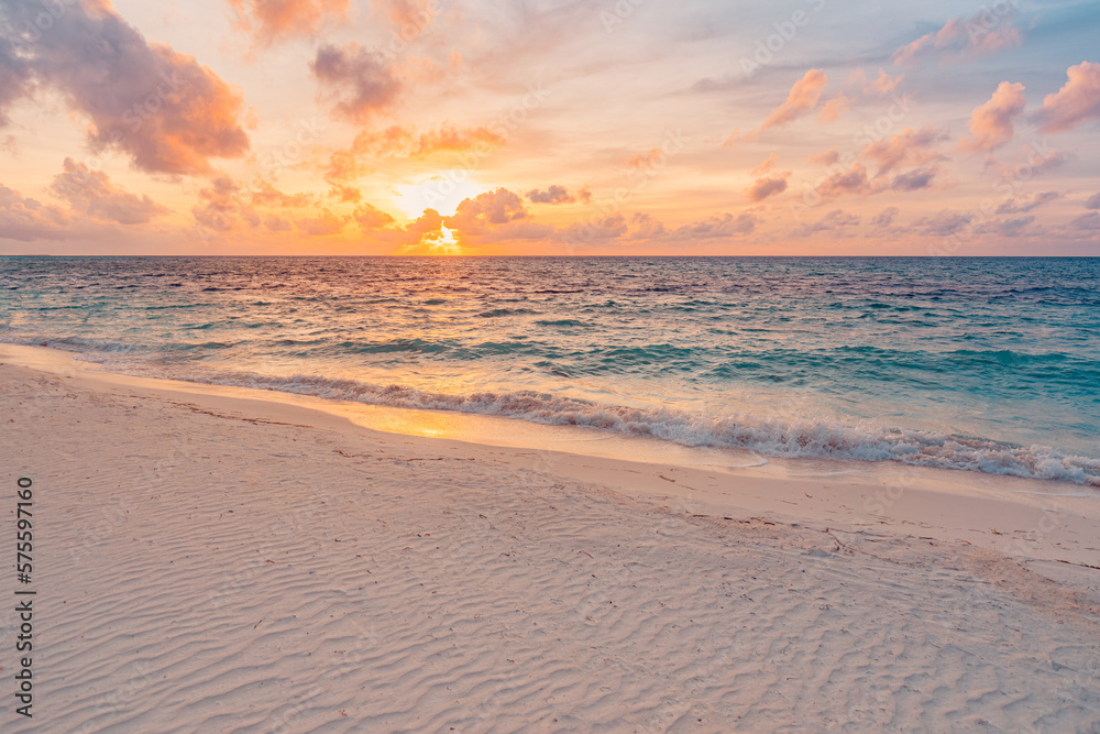 Closeup sea sand beach. Beautiful beach landscape. Inspire tropical beach seascape horizon. Dreamy sunset sky calm tranquil relax sunrise summer mood. Positive energy meditation summer tropical island