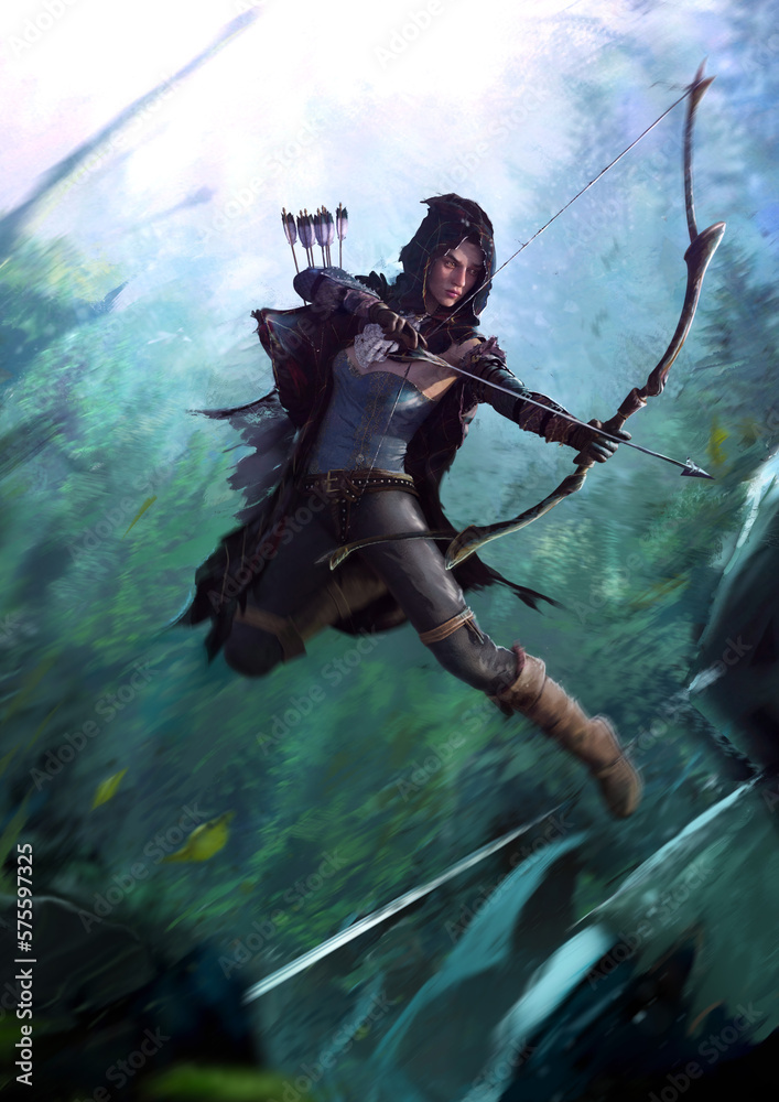 An epic battle in the forest thicket in the moonlight, the archer girl