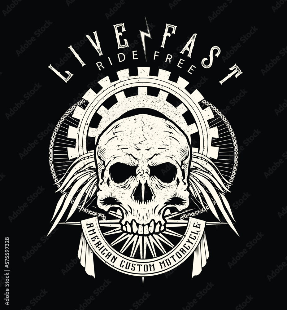 Motorcycle, slogan,Skull vector.Illustration of tattoo art