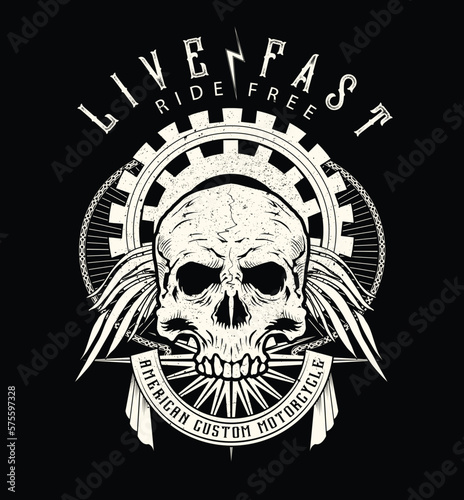 Motorcycle, slogan,Skull vector.Illustration of tattoo art
