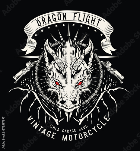 dragon flight.vintage motorcycle.old garage club.vector .Illustration of tattoo art
