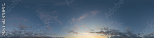 Dark blue twilight sky panorama with Cumulus clouds. Seamless hdr 360 panorama in spherical equiangular format. Full zenith or sky dome for 3D visualization  sky replacement for aerial drone panoramas