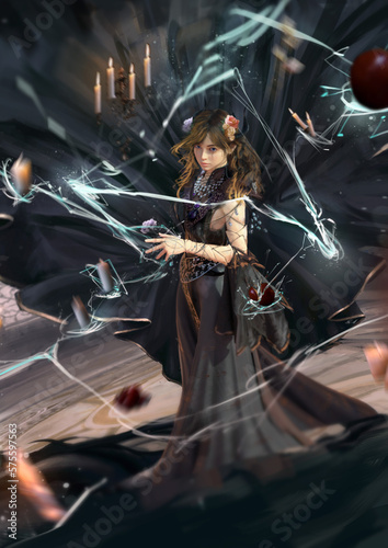 Canvas Print a red-haired witch in a black dress casts a lightning spell on candles and apples