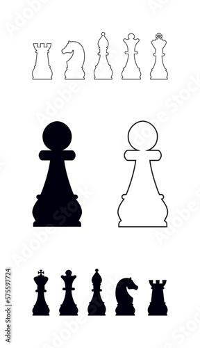 Silhouettes of chess pieces. Chessboard. Black and white. Chess icons. Vector chess isolated on white background. Playing chess on the Board. King, Queen, rook, knight, Bishop, pawn