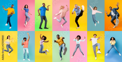 Diverse Positive Multiethnic Men And Women Having Fun Over Colorful Backgrounds © Prostock-studio