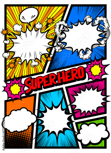 Pop art comics book magazine, speech bubble, balloon, box message. Super hero - Comic book style word on colorful background. Vector illustration. Retro pop art comics book magazine, speech bubble.