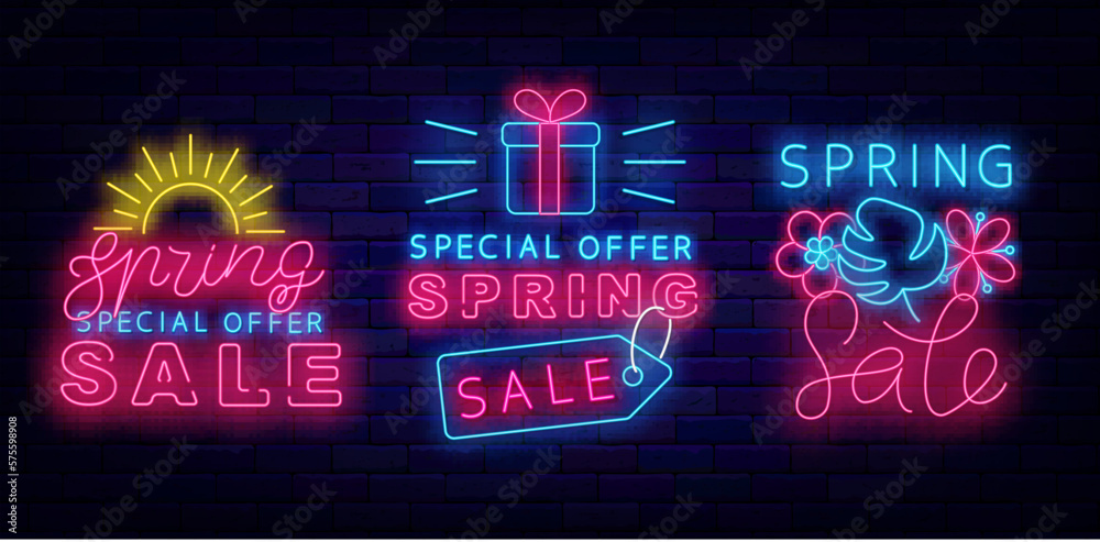 Spring sale neon badges collection. Tropical leaf and flowers. Sunset and present. Vector stock illustration