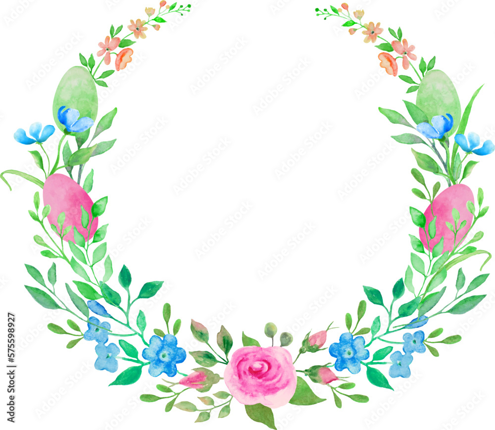 Watercolor floral round wreath   with spring flowers, leaves,  branches, easter eggs.  Hand drawn illustration isolated on white background. Vector EPS.