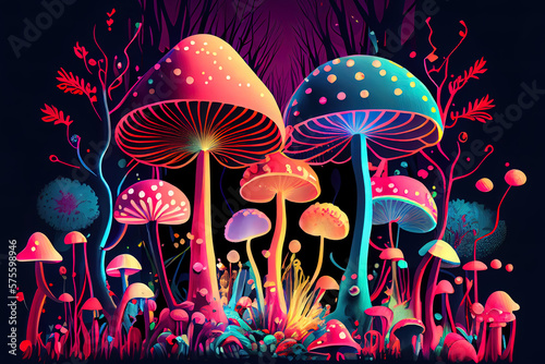 Psychedelic mushrooms limited colors pattern. Generative Ai