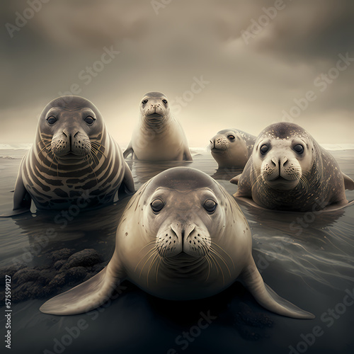 Sea Lions Family, Seal, Sea Lions Habitats. Generative AI © premiumdesign