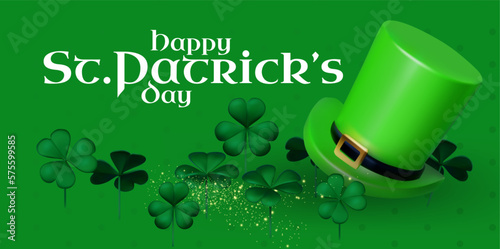 Happy St.Patrick's Day background with shamrock clower leaf and leprechaun hat. Luck and suxess.