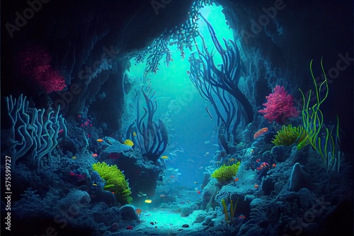 Generative AI illustration of underwater world at the depth of the ocean. Underwater gorges and tunnel, organisms and fish. Underwater deep world, sea darkness, algae glow, blue neon, corals.