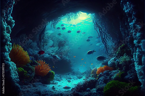 Generative AI illustration of underwater world at the depth of the ocean. Underwater gorges and tunnel, organisms and fish. Underwater deep world, sea darkness, algae glow, blue neon, corals. © CravenA